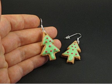 Boucles d'oreilles fantaisie faux biscuit en forme de sapin coloré