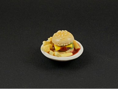 Magnet artisanal assiette de burger et frites