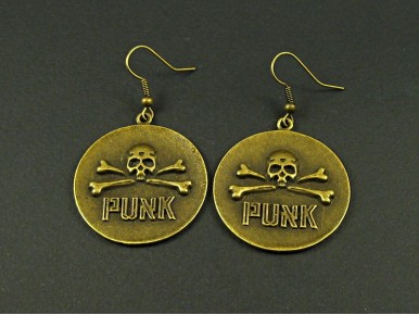 Boucles d’oreilles fantaisie PUNK disque avec crâne et os finition bronze